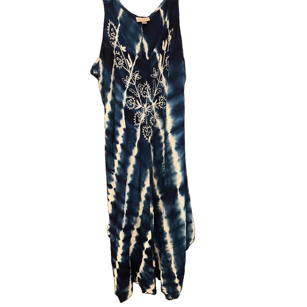 Avenue Women's Boho Dress Blue Tye-Dye Midi Blue Embroidered Design Sz 22/24